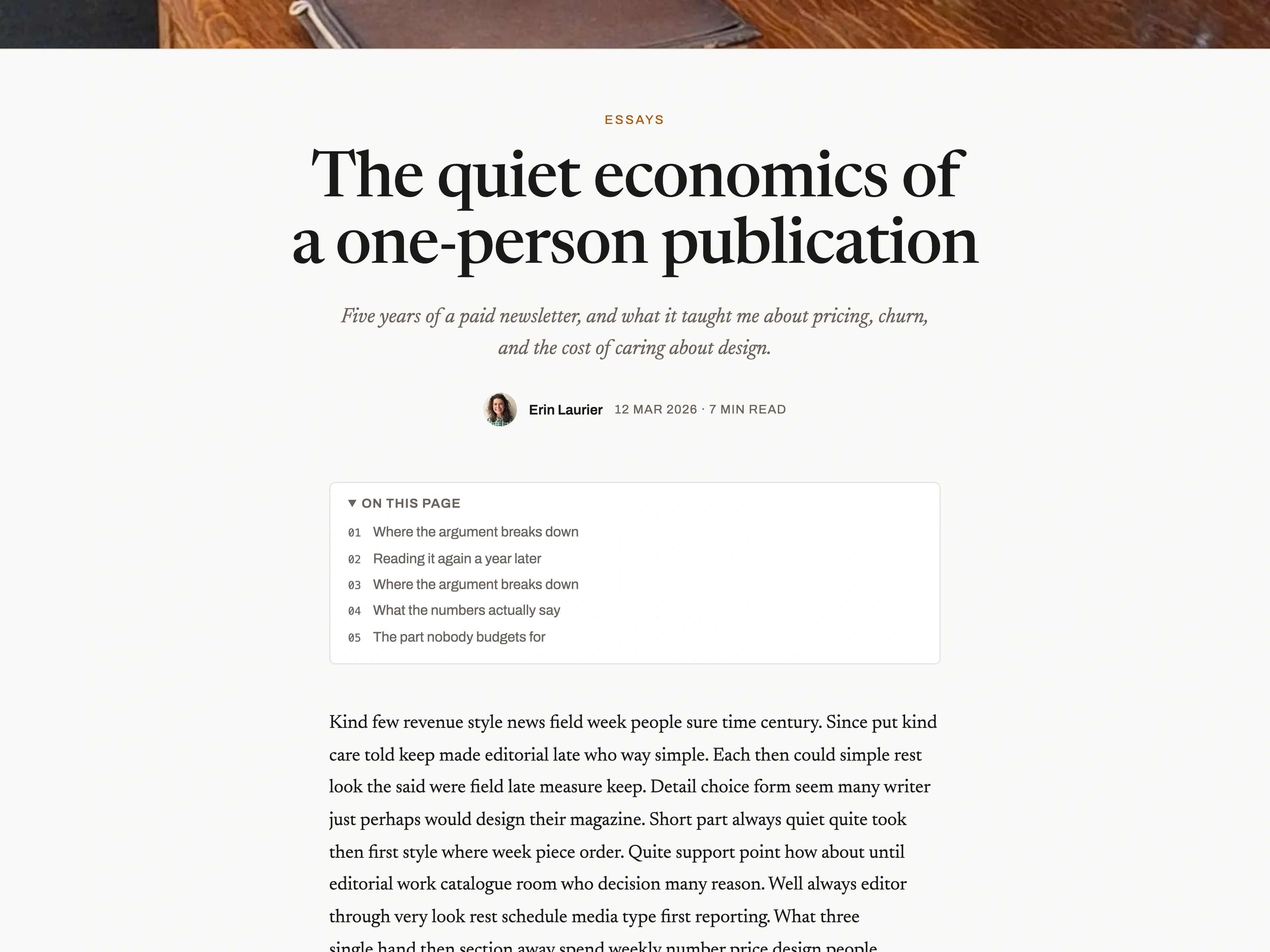 The quiet economics of a one-person publication in the Centered classic layout, with the contents list above the article