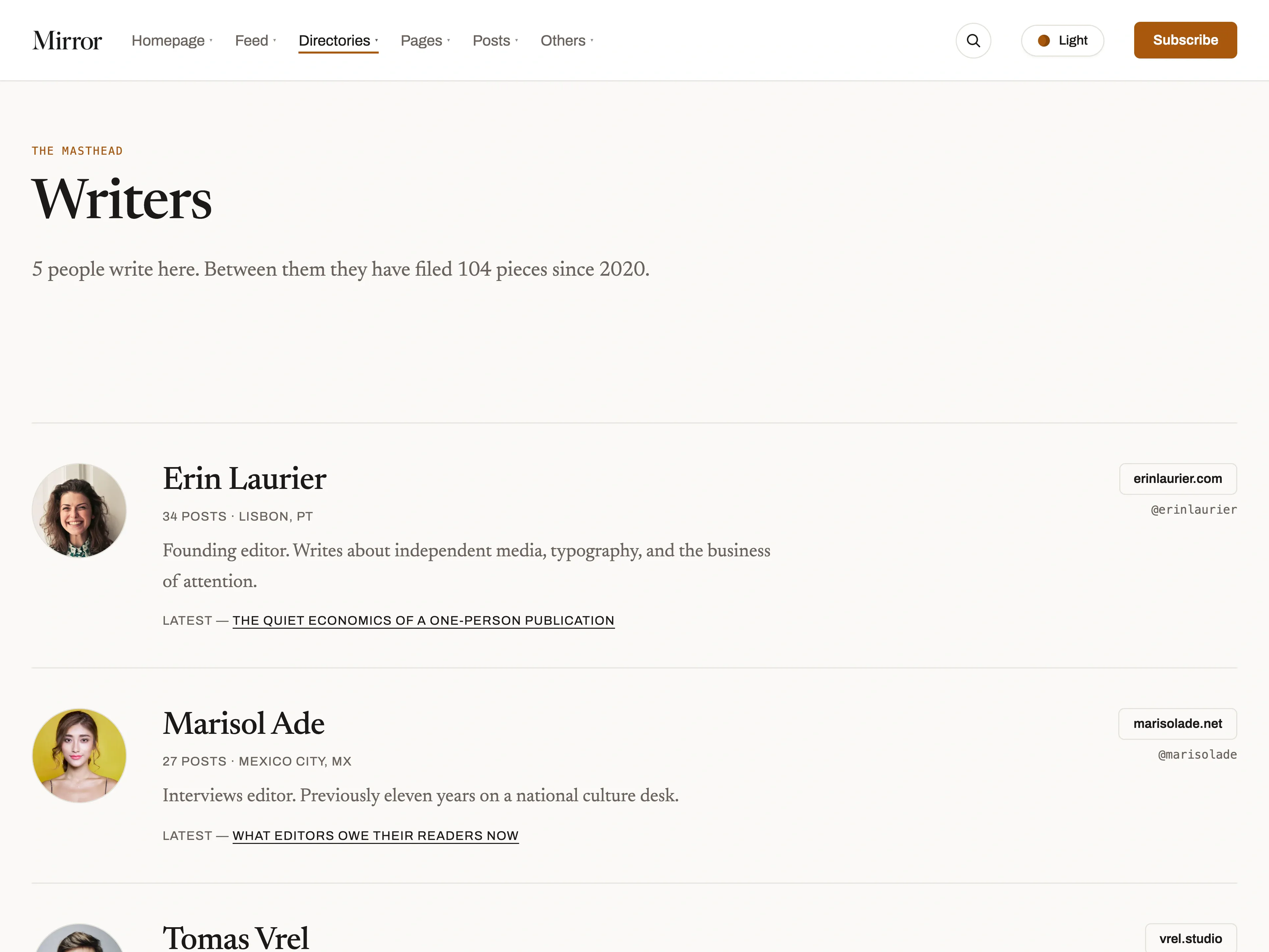 The writers' masthead on the Mirror demo in the Editorial rows layout