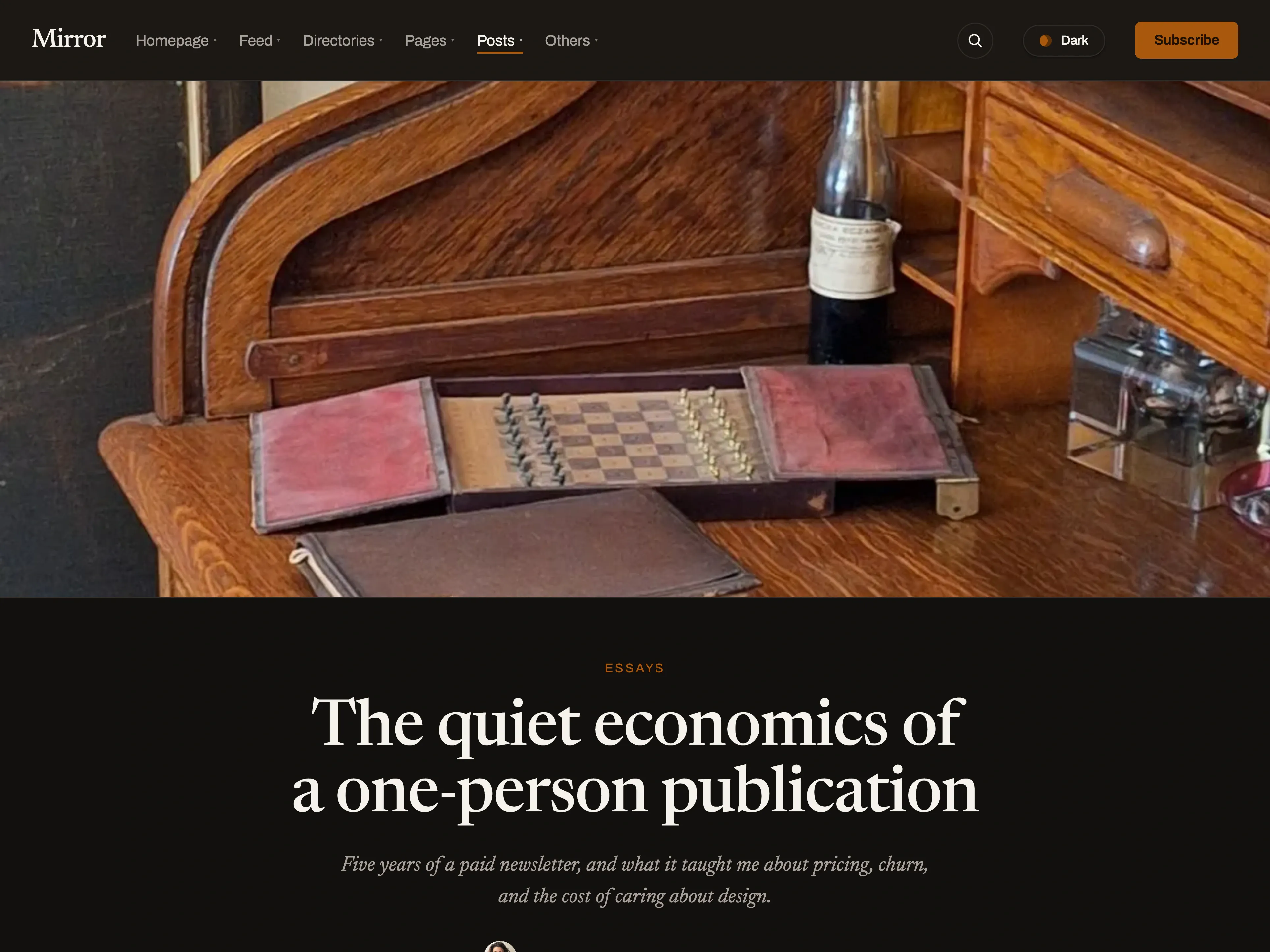 The quiet economics of a one-person publication in dark mode, Centered classic layout