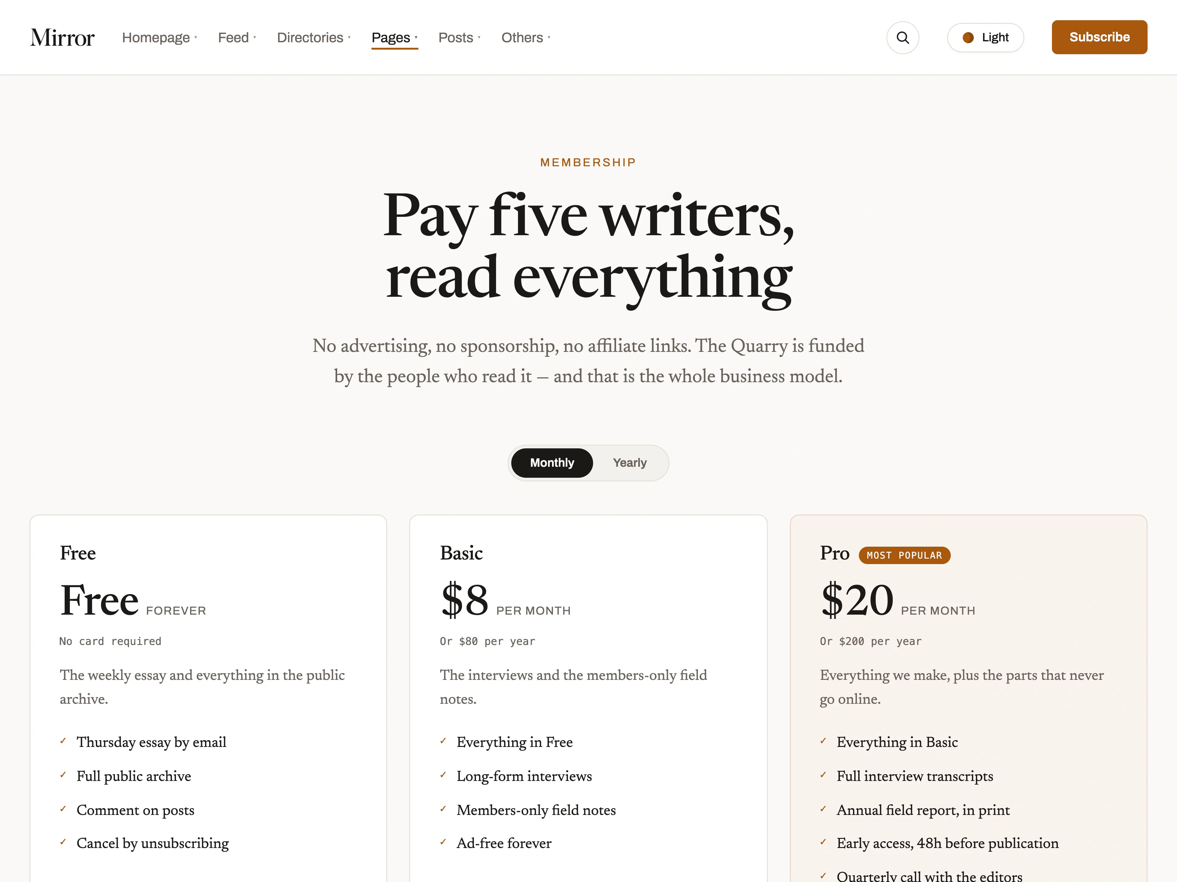The Mirror demo membership page with Free, Basic and Pro tiers