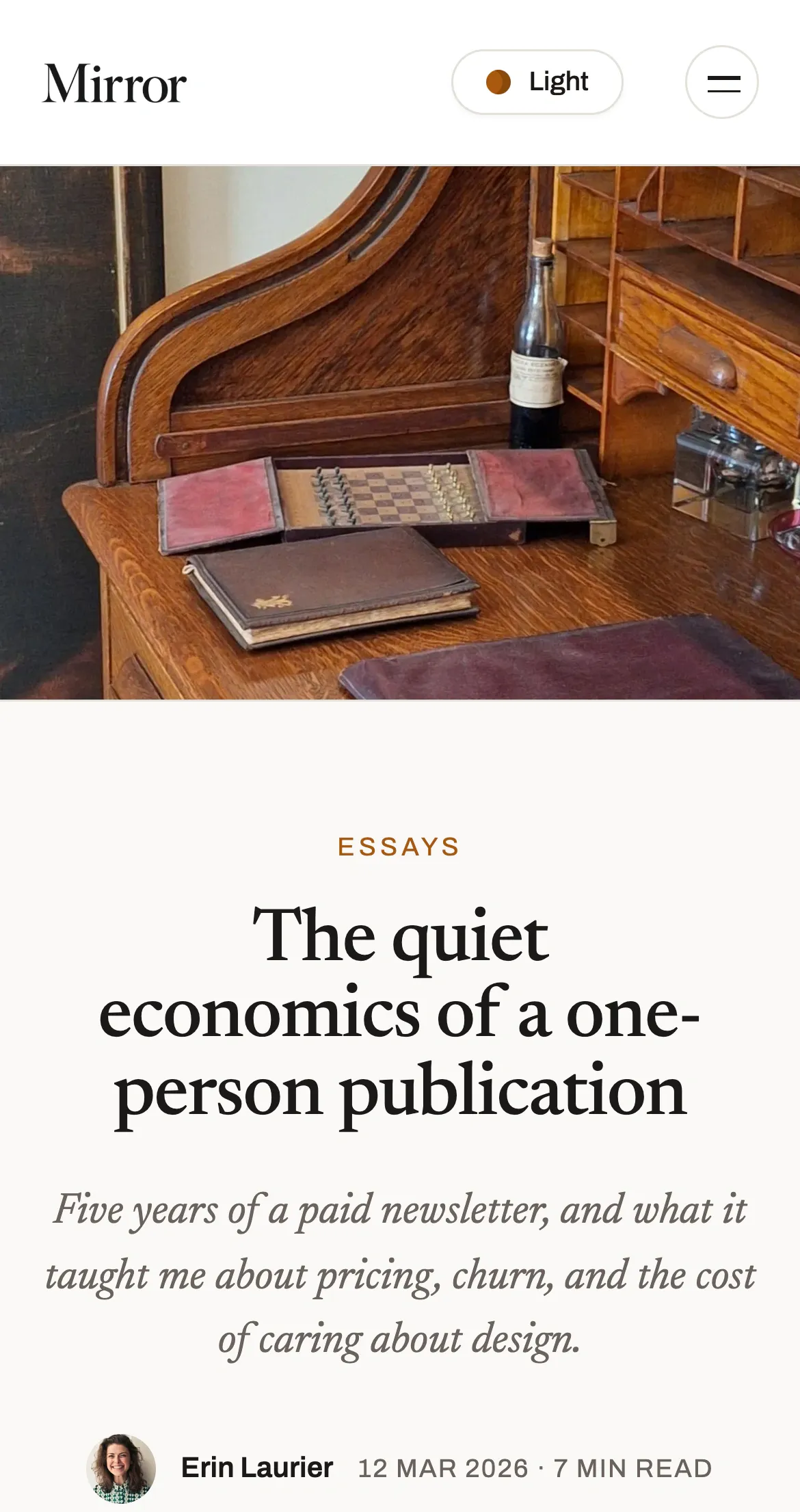 The quiet economics of a one-person publication in the Centered classic layout, on a phone